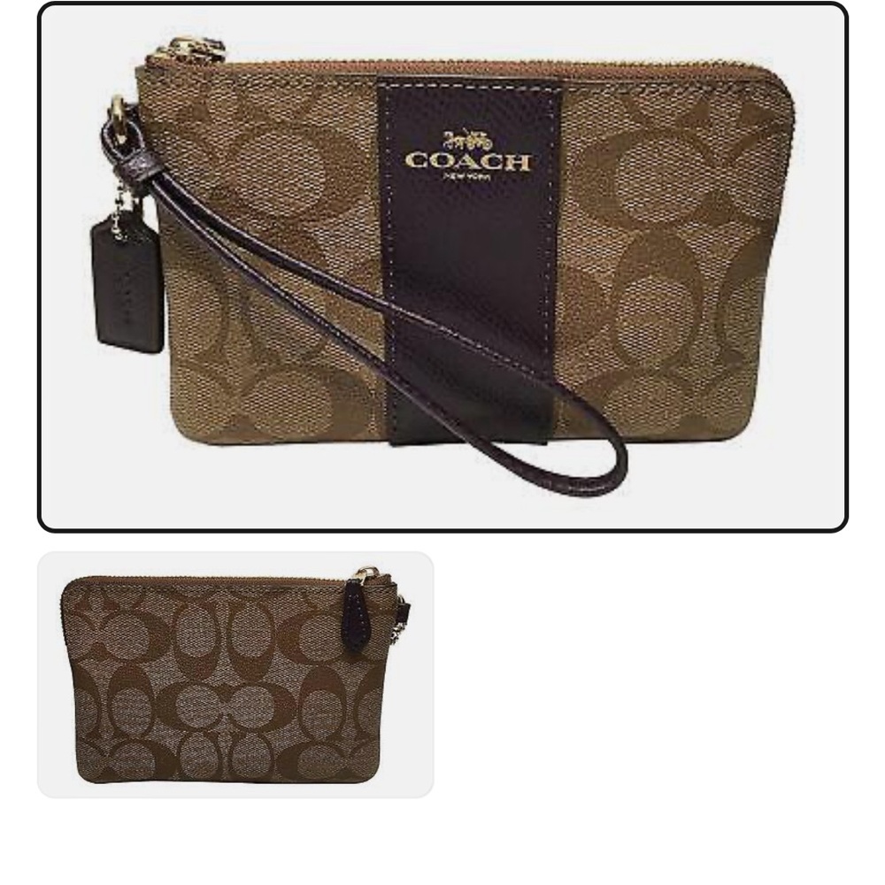 Coach Signature ‘C’  zip wristlet.   Khaki/Aubergine.